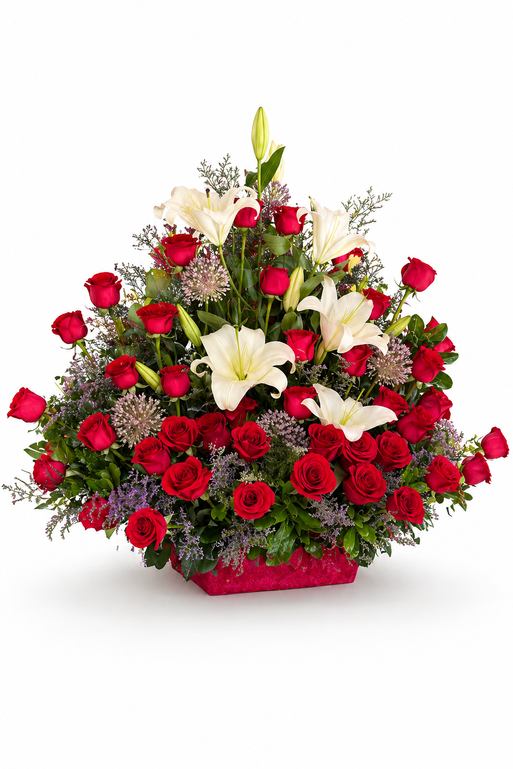 Arreglo de rosas rojas con casa blanca